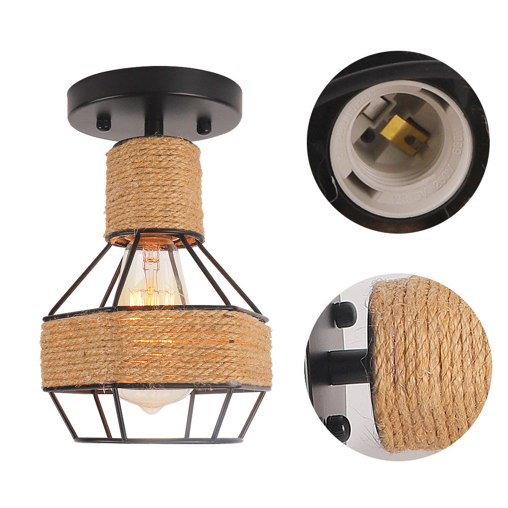 Contemporary Industrial Iron & Rope Cage Grenade 1-Light Semi-Flush Mount Ceiling Light For Hallway