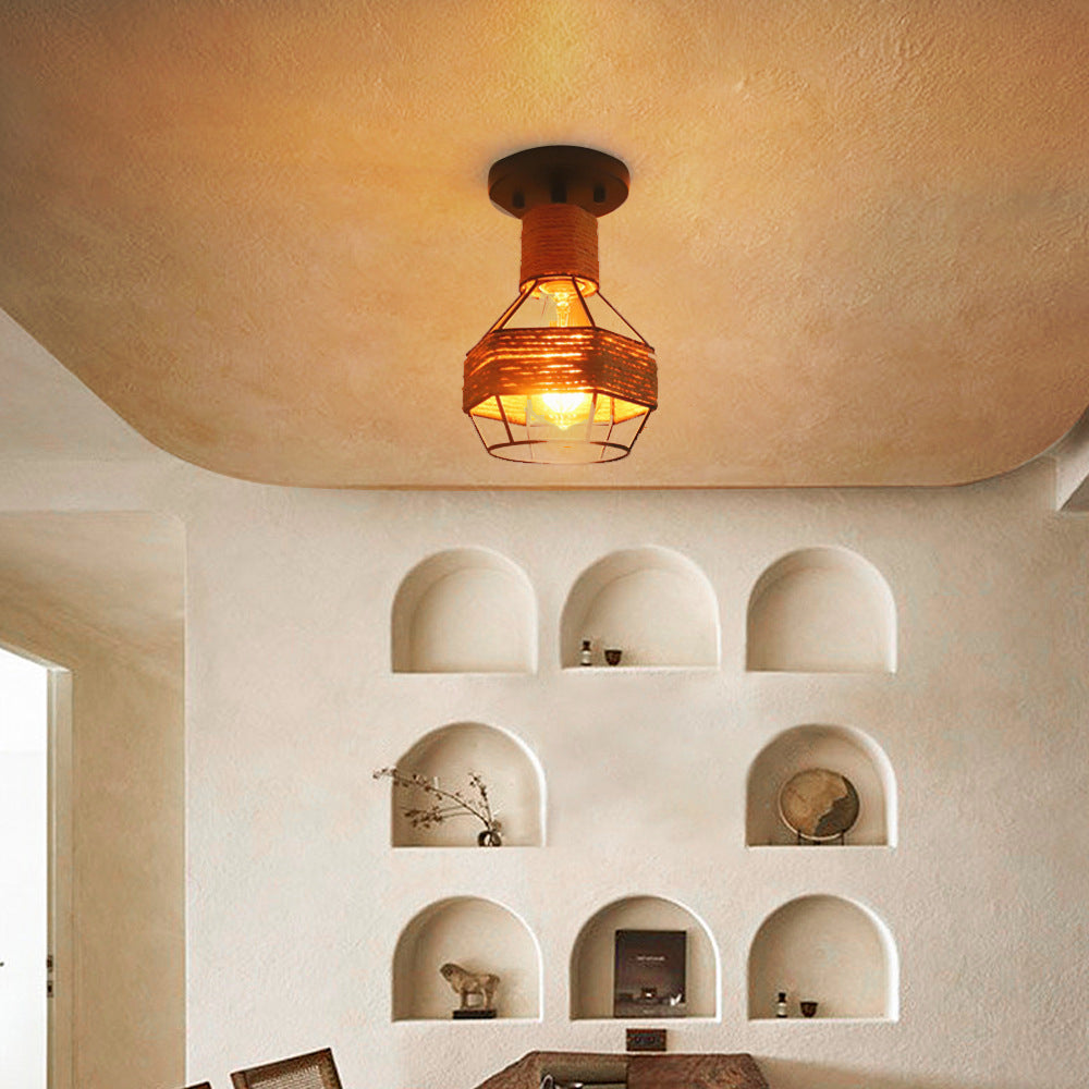 Contemporary Industrial Iron & Rope Cage Grenade 1-Light Semi-Flush Mount Ceiling Light For Hallway