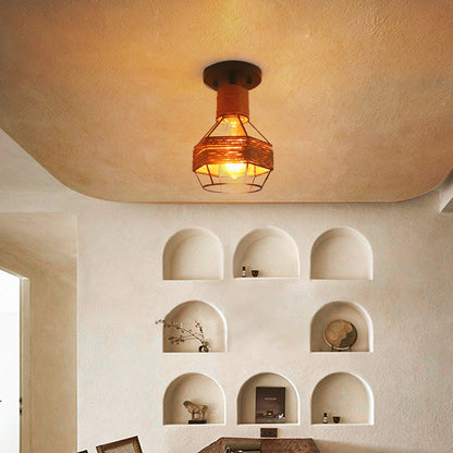 Contemporary Industrial Iron & Rope Cage Grenade 1-Light Semi-Flush Mount Ceiling Light For Hallway