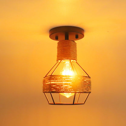 Contemporary Industrial Iron & Rope Cage Grenade 1-Light Semi-Flush Mount Ceiling Light For Hallway