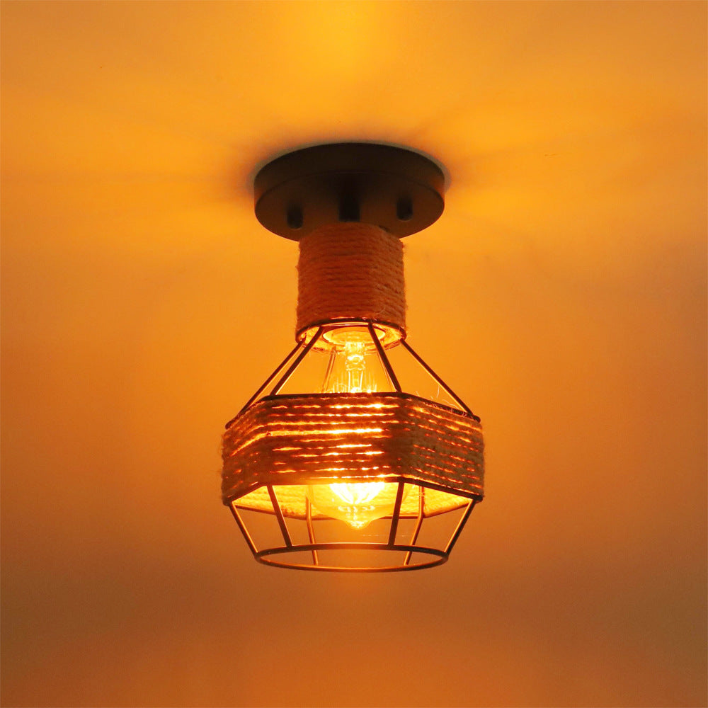 Contemporary Industrial Iron & Rope Cage Grenade 1-Light Semi-Flush Mount Ceiling Light For Hallway