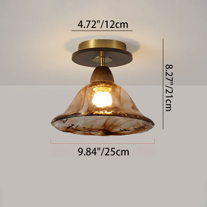 Contemporary Retro Metal Rubber Wood & Glass Bell Skirt 1-Light Semi-Flush Mount Ceiling Light For Hallway