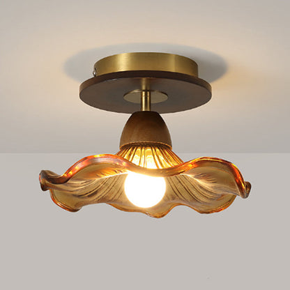 Contemporary Retro Metal Rubber Wood & Glass Bell Skirt 1-Light Semi-Flush Mount Ceiling Light For Hallway