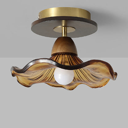 Contemporary Retro Metal Rubber Wood & Glass Bell Skirt 1-Light Semi-Flush Mount Ceiling Light For Hallway