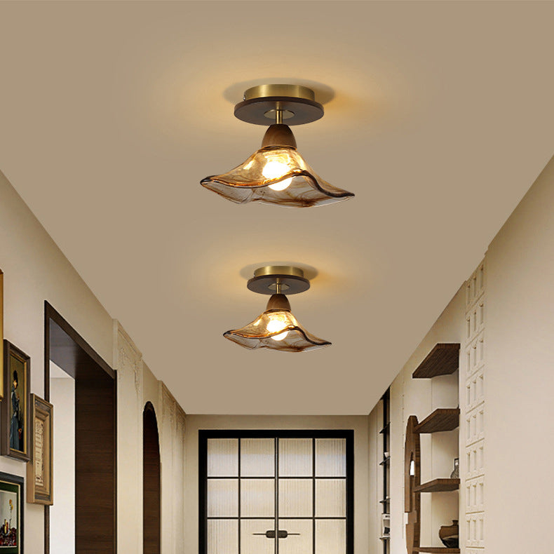 Contemporary Retro Metal Rubber Wood & Glass Bell Skirt 1-Light Semi-Flush Mount Ceiling Light For Hallway