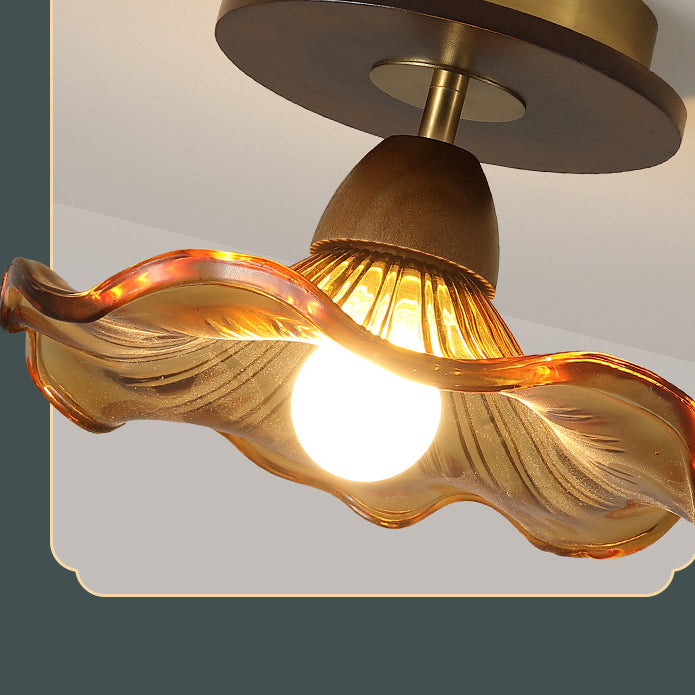 Contemporary Retro Metal Rubber Wood & Glass Bell Skirt 1-Light Semi-Flush Mount Ceiling Light For Hallway