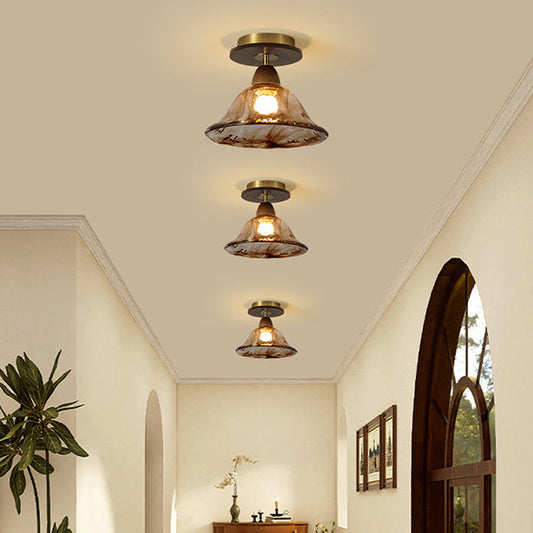 Contemporary Retro Metal Rubber Wood & Glass Bell Skirt 1-Light Semi-Flush Mount Ceiling Light For Hallway
