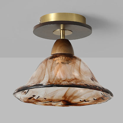 Contemporary Retro Metal Rubber Wood & Glass Bell Skirt 1-Light Semi-Flush Mount Ceiling Light For Hallway