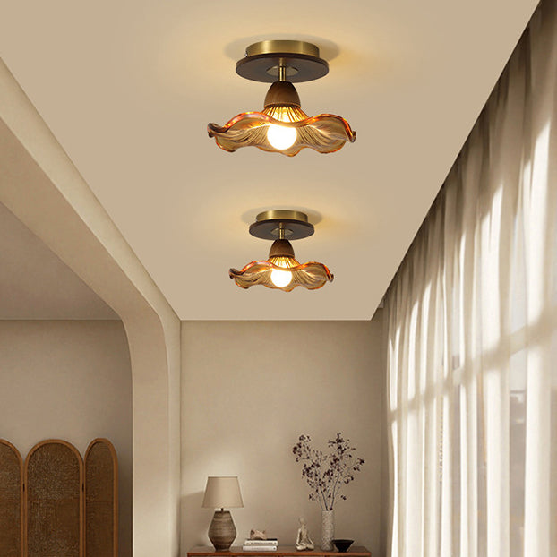 Contemporary Retro Metal Rubber Wood & Glass Bell Skirt 1-Light Semi-Flush Mount Ceiling Light For Hallway