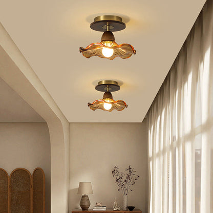 Contemporary Retro Metal Rubber Wood & Glass Bell Skirt 1-Light Semi-Flush Mount Ceiling Light For Hallway