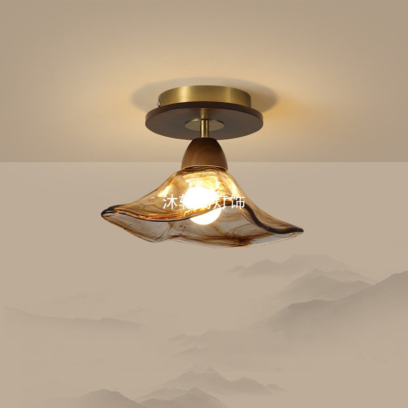 Contemporary Retro Metal Rubber Wood & Glass Bell Skirt 1-Light Semi-Flush Mount Ceiling Light For Hallway
