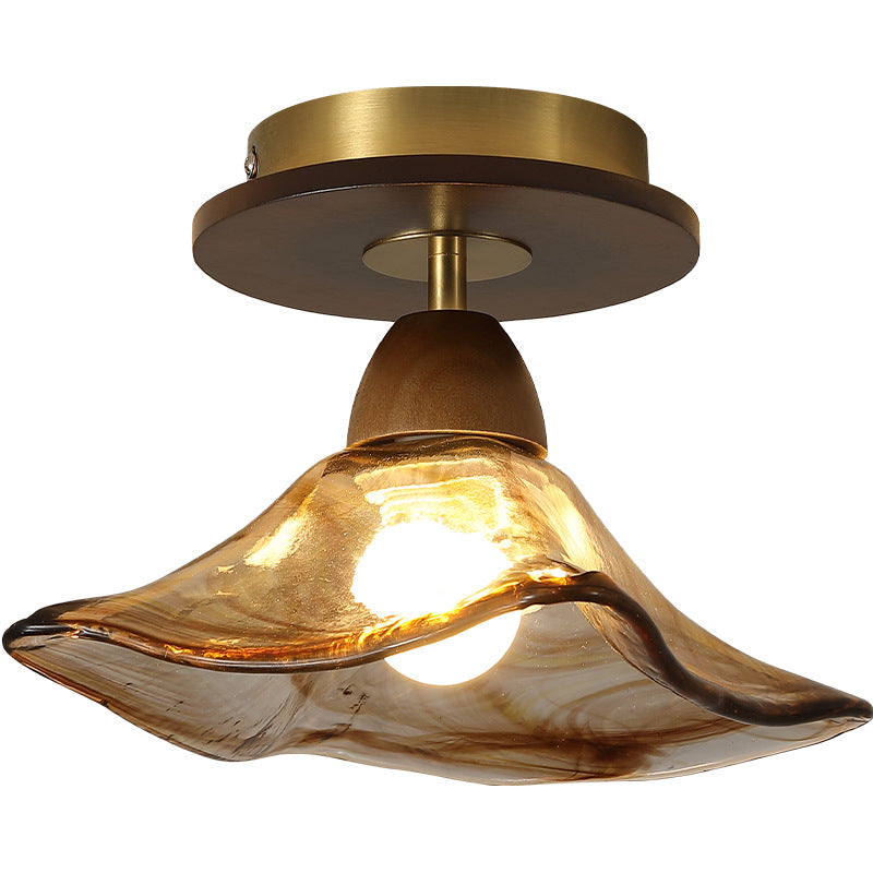 Contemporary Retro Metal Rubber Wood & Glass Bell Skirt 1-Light Semi-Flush Mount Ceiling Light For Hallway