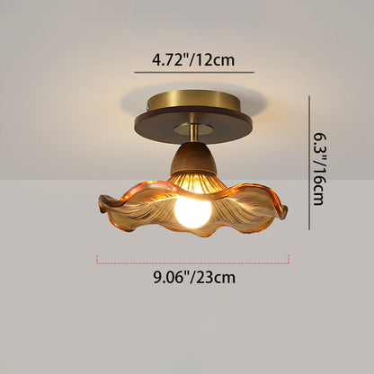 Contemporary Retro Metal Rubber Wood & Glass Bell Skirt 1-Light Semi-Flush Mount Ceiling Light For Hallway