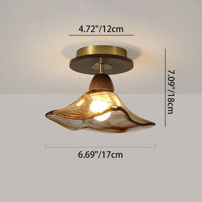 Contemporary Retro Metal Rubber Wood & Glass Bell Skirt 1-Light Semi-Flush Mount Ceiling Light For Hallway