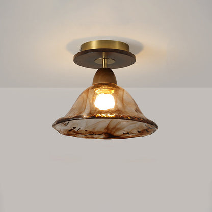 Contemporary Retro Metal Rubber Wood & Glass Bell Skirt 1-Light Semi-Flush Mount Ceiling Light For Hallway
