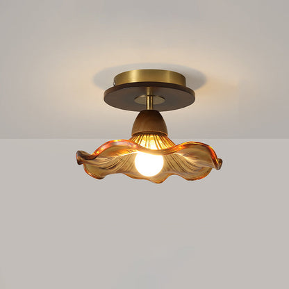 Contemporary Retro Metal Rubber Wood & Glass Bell Skirt 1-Light Semi-Flush Mount Ceiling Light For Hallway