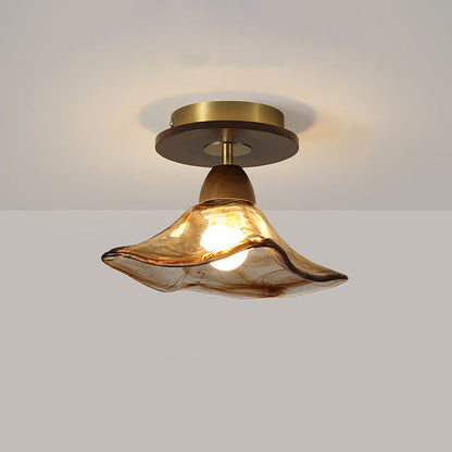 Contemporary Retro Metal Rubber Wood & Glass Bell Skirt 1-Light Semi-Flush Mount Ceiling Light For Hallway