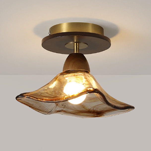 Contemporary Retro Metal Rubber Wood & Glass Bell Skirt 1-Light Semi-Flush Mount Ceiling Light For Hallway