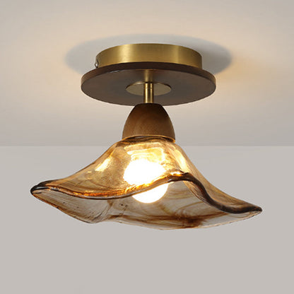 Contemporary Retro Metal Rubber Wood & Glass Bell Skirt 1-Light Semi-Flush Mount Ceiling Light For Hallway