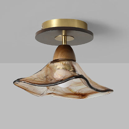 Contemporary Retro Metal Rubber Wood & Glass Bell Skirt 1-Light Semi-Flush Mount Ceiling Light For Hallway