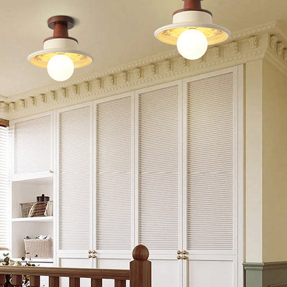 Traditional French Resin & Wood Bowl-Shaped Round Carved 1-Light Semi-Flush Mount Ceiling Light For Hallway And Entryway
