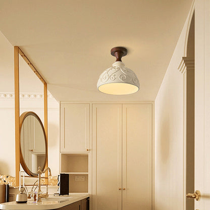 Traditional French Resin & Wood Bowl-Shaped Round Carved 1-Light Semi-Flush Mount Ceiling Light For Hallway And Entryway