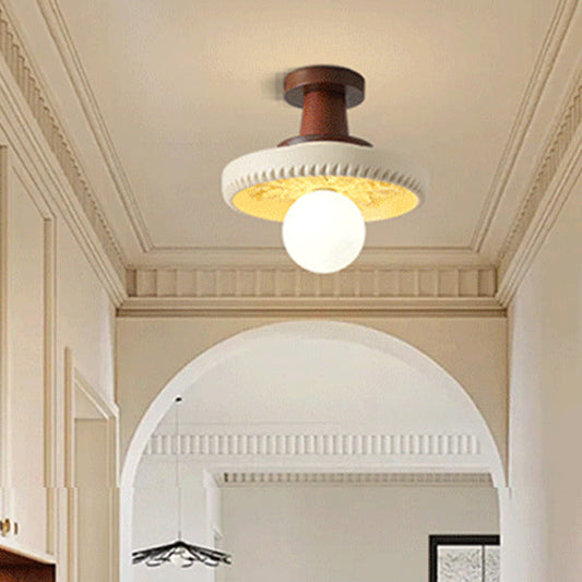 Traditional French Resin & Wood Bowl-Shaped Round Carved 1-Light Semi-Flush Mount Ceiling Light For Hallway And Entryway