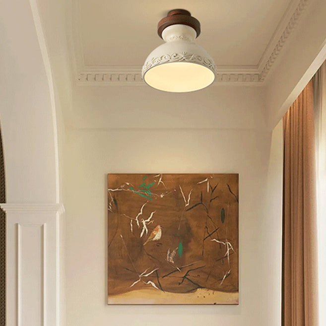 Traditional French Resin & Wood Bowl-Shaped Round Carved 1-Light Semi-Flush Mount Ceiling Light For Hallway And Entryway