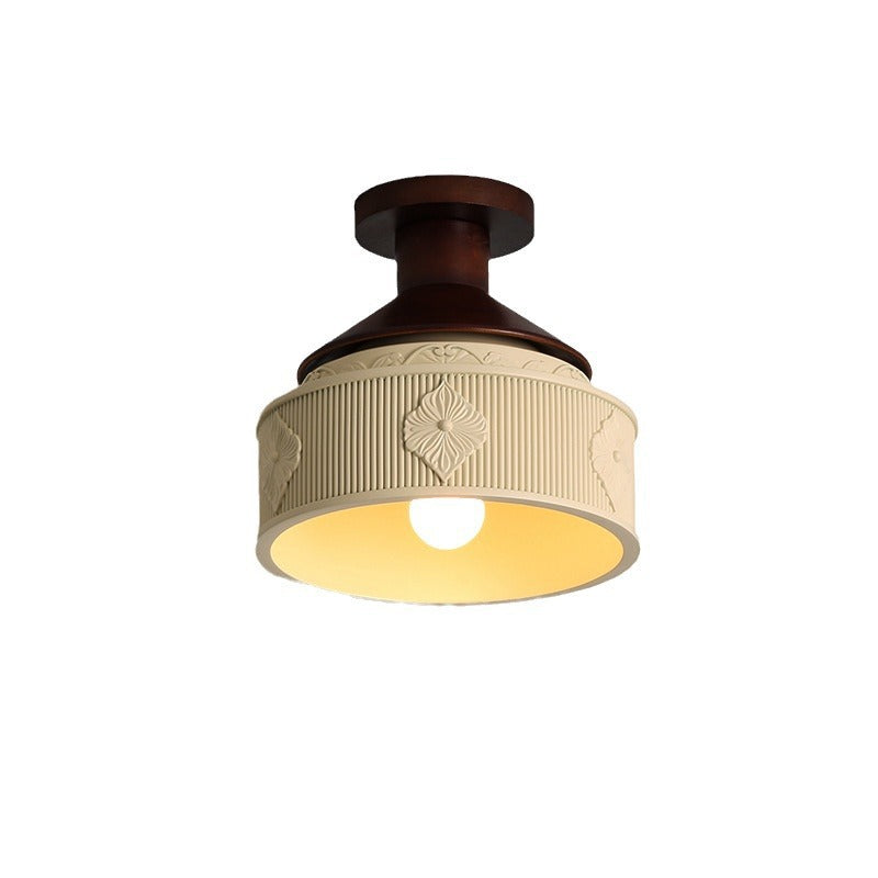 Traditional French Resin & Wood Bowl-Shaped Round Carved 1-Light Semi-Flush Mount Ceiling Light For Hallway And Entryway