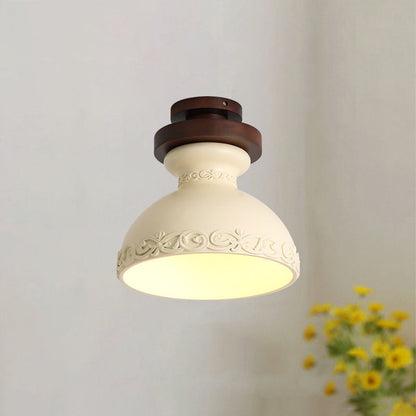 Traditional French Resin & Wood Bowl-Shaped Round Carved 1-Light Semi-Flush Mount Ceiling Light For Hallway And Entryway