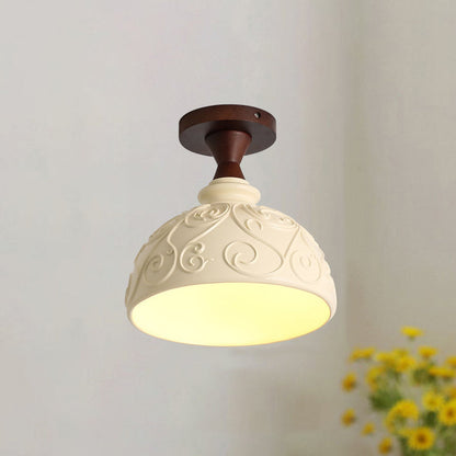 Traditional French Resin & Wood Bowl-Shaped Round Carved 1-Light Semi-Flush Mount Ceiling Light For Hallway And Entryway