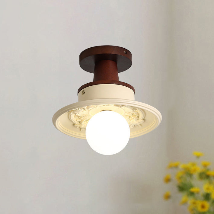 Traditional French Resin & Wood Bowl-Shaped Round Carved 1-Light Semi-Flush Mount Ceiling Light For Hallway And Entryway
