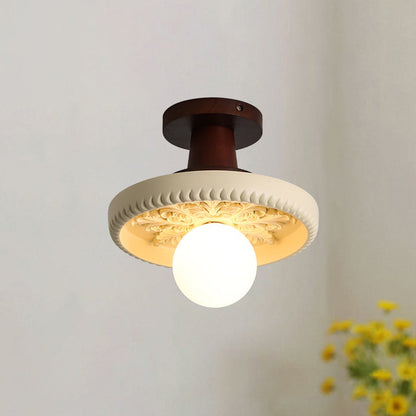 Traditional French Resin & Wood Bowl-Shaped Round Carved 1-Light Semi-Flush Mount Ceiling Light For Hallway And Entryway