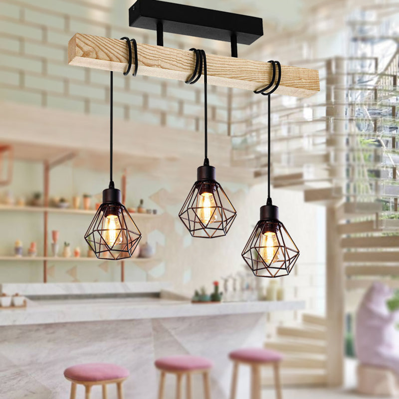 Contemporary Industrial Wood And Iron Grenade Linear 3/4/6-Light Chandelier Island Light For Dining Room