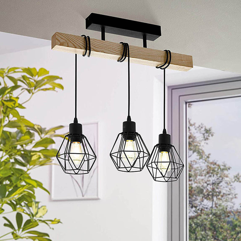 Contemporary Industrial Wood And Iron Grenade Linear 3/4/6-Light Chandelier Island Light For Dining Room