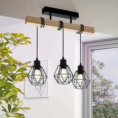 Contemporary Industrial Wood And Iron Grenade Linear 3/4/6-Light Chandelier Island Light For Dining Room