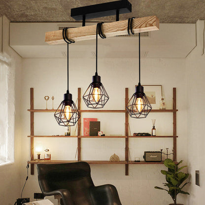 Contemporary Industrial Wood And Iron Grenade Linear 3/4/6-Light Chandelier Island Light For Dining Room