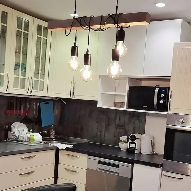 Contemporary Industrial Wood And Iron Grenade Linear 3/4/6-Light Chandelier Island Light For Dining Room