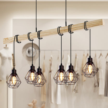 Contemporary Industrial Wood And Iron Grenade Linear 3/4/6-Light Chandelier Island Light For Dining Room