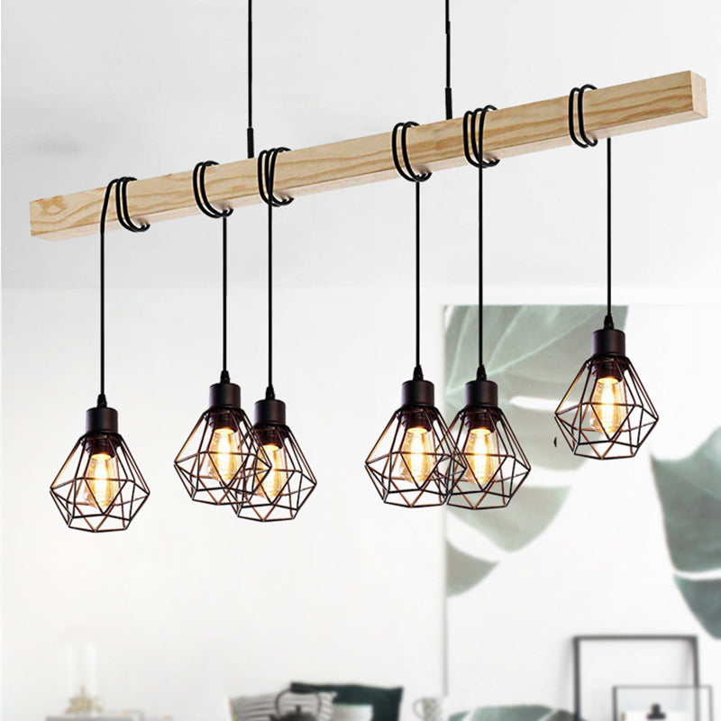 Contemporary Industrial Wood And Iron Grenade Linear 3/4/6-Light Chandelier Island Light For Dining Room