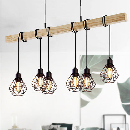 Contemporary Industrial Wood And Iron Grenade Linear 3/4/6-Light Chandelier Island Light For Dining Room
