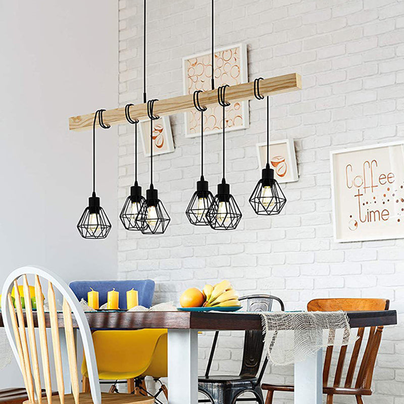 Contemporary Industrial Wood And Iron Grenade Linear 3/4/6-Light Chandelier Island Light For Dining Room