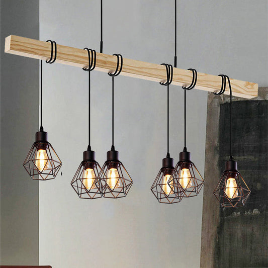 Contemporary Industrial Wood And Iron Grenade Linear 3/4/6-Light Chandelier Island Light For Dining Room