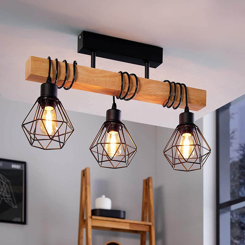 Contemporary Industrial Wood And Iron Grenade Linear 3/4/6-Light Chandelier Island Light For Dining Room
