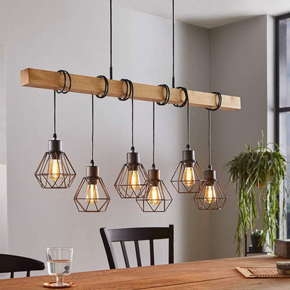 Contemporary Industrial Wood And Iron Grenade Linear 3/4/6-Light Chandelier Island Light For Dining Room