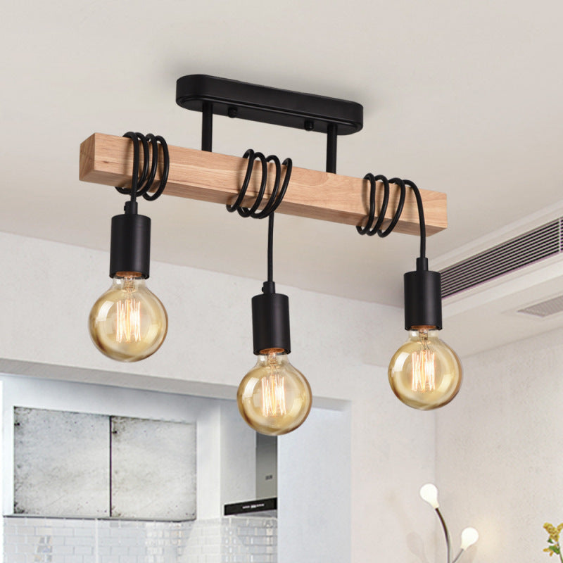 Contemporary Industrial Wood And Iron Grenade Linear 3/4/6-Light Chandelier Island Light For Dining Room