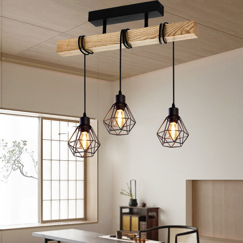 Contemporary Industrial Wood And Iron Grenade Linear 3/4/6-Light Chandelier Island Light For Dining Room
