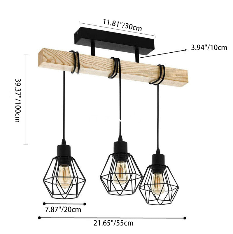 Contemporary Industrial Wood And Iron Grenade Linear 3/4/6-Light Chandelier Island Light For Dining Room