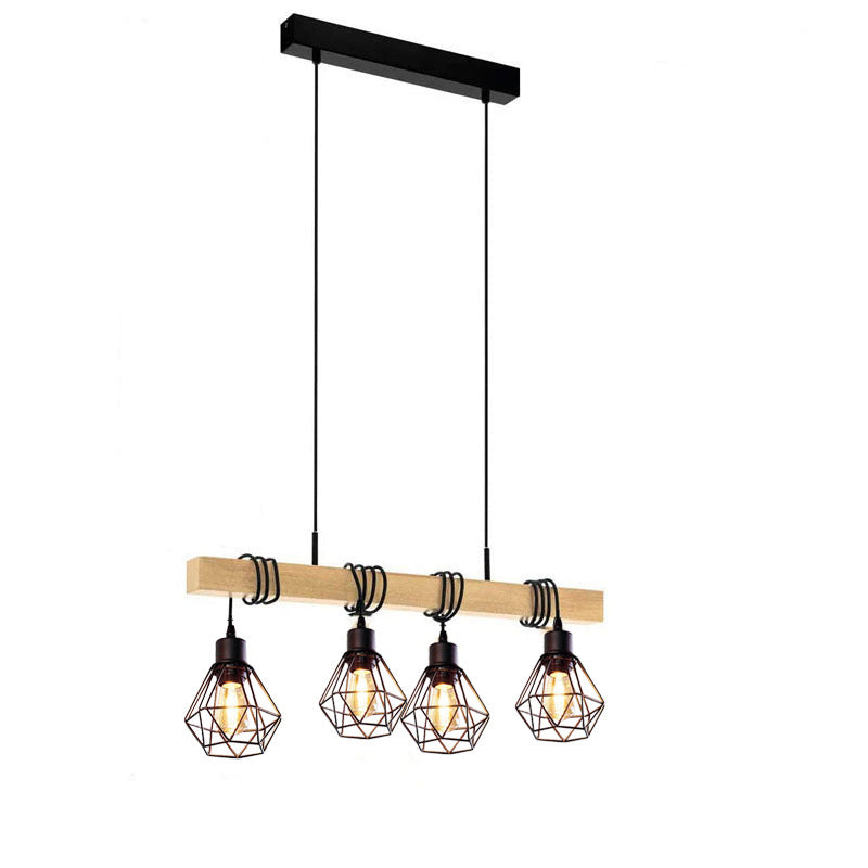 Contemporary Industrial Wood And Iron Grenade Linear 3/4/6-Light Chandelier Island Light For Dining Room
