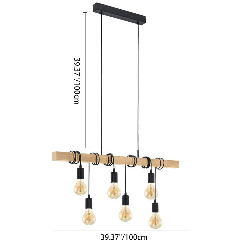 Contemporary Industrial Wood And Iron Grenade Linear 3/4/6-Light Chandelier Island Light For Dining Room